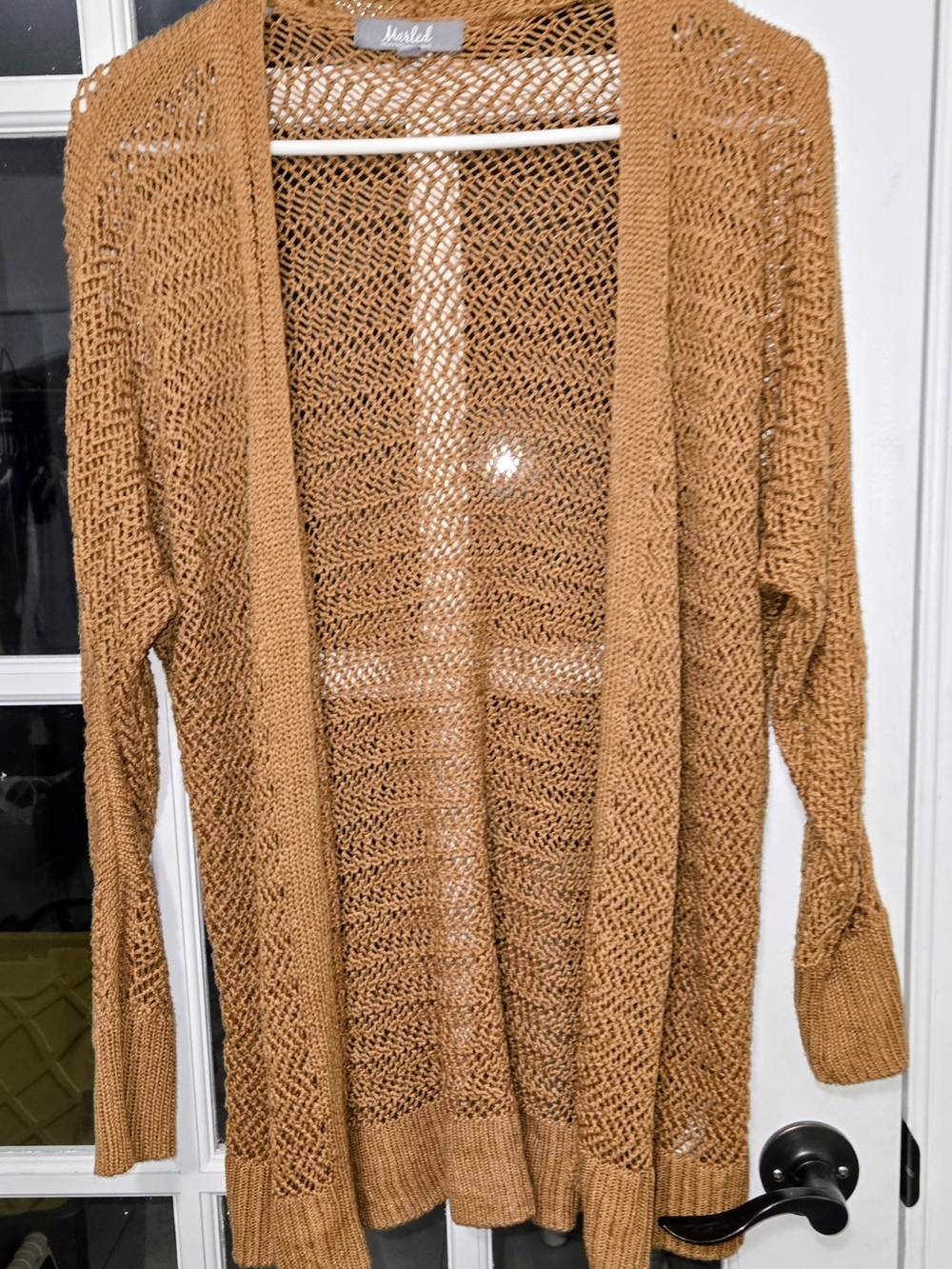 Marled Open-Knit Longline Cardigan in Camel